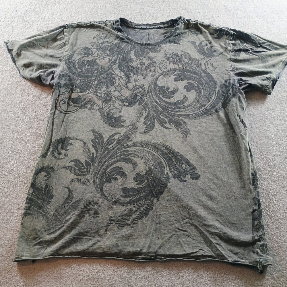 Affliction Men Shirt Large Gray All Over Scroll Print Distressed Graphic Tee
